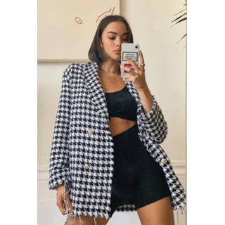 👉 Dogtooth Woven Double Breasted Boxy Blazer, Black