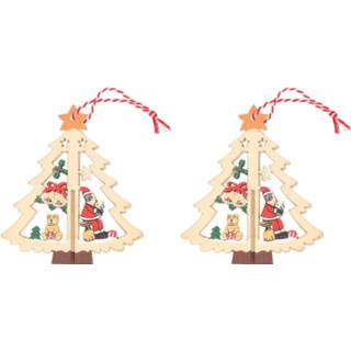 👉 Kerstboom hout 2x Kerst hangdecoratie kerstbomen met kerstman 10 cm van