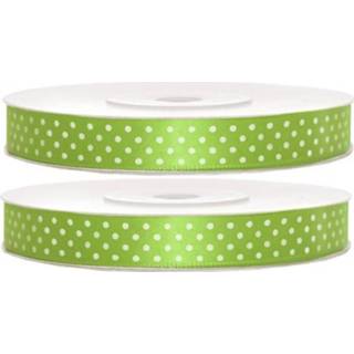 👉 Verpakkingsmateriaal groene witte 2x Appel satijnlinten met stippen op rol 1,2 cm x 25 meter cadeaulint