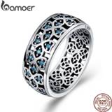 👉 Blauw zilver vrouwen BAMOER 100% 925 Sterling Silver Petals of Love Sweet Clover Blue CZ Finger Rings for Women Engagement Jewelry S925 Gift SCR064