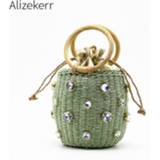 👉 Handtas vrouwen Crystal Diamond Straw Bag Women 2020 New Summer Rattan Ring Handle Woven Circle Beach Ladies Barrel Shape Handbag Holiday