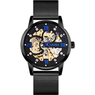 👉 Horloge zwart active mannen SKMEI 9199 heren automatisch mechanisch mesh belt gear skeleton (zwart)