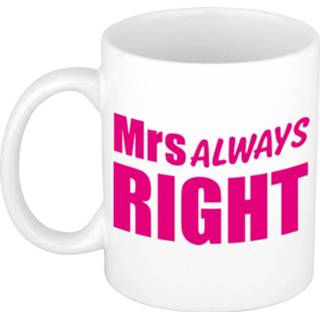 👉 Beker wit roze volwassenen Mrs always right cadeau mok / met letters 300 ml