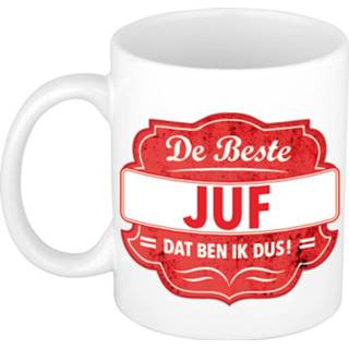 👉 Beker wit rood volwassenen De beste juf dat ben ik cadeau mok / met embleem 300 ml