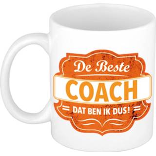 👉 Beker wit oranje volwassenen De beste coach dat ben ik cadeau mok / met embleem 300 ml