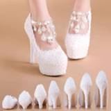 👉 Shoe wit White Lace and Pearl Beaded Wedding Shoes Super High Heel with Platform Slip-on Round Toe for Party Banquet Bridesmaid