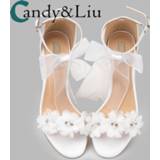 👉 Sandaal wit Womem sandals white wedding shoes summer elegant Lace Bowknot one word wristband flower cross with bare toe thick heel new