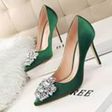 👉 Shoe donkergroen vrouwen Women Fashion Crystal High Heel Shoes 2019 Sexy Pointed Toe Thin Heels Wedding Pumps Casual Elegant Green Autumn