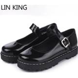 👉 Shoe leather vrouwen LIN KING Big Size Women Wedge Pumps Solid Patent Platform Shoes Buckle Mary Janes Lolita Female Office Work