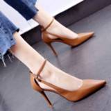 👉 Shoe zwart rood bruin beige PU leather vrouwen 2020 Spring/Autumn Women Pumps Woman High Heels Pointed toe Office Lady Work Shoes Buckle Soft Black Red Brown