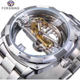 👉 Watch transparent zilver steel Forsining Men Design Mechanical Automatic Silver Square Golden Gear Skeleton Stainless Belts Clock Saati