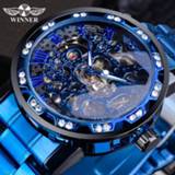 👉 Watch transparent blauw steel Winner Diamond Mechanical Blue Stainless Skeleton Top Brand Luxury Business Luminous Male Clock