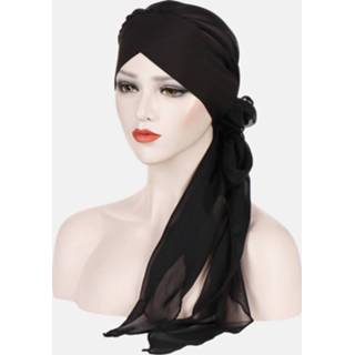 👉 Beanie polyester vrouwen Women Forehead Cross Hat Solid Color Fashion Chiffon With Long Tail