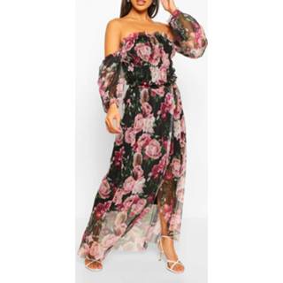 👉 Floral Mesh Rouched Maxi Dress, Black