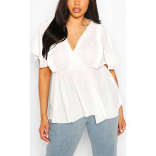 👉 Shirt vrouwen ivoor Plus Angel Sleeve Ruffle Peplum Top, Ivory