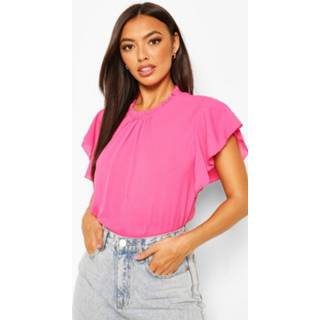 👉 Woven Frill Sleeve And Neck Blouse, Hot Pink