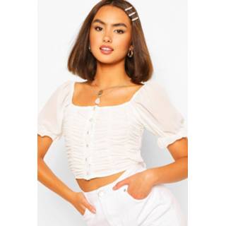 👉 Ruched Front Woven Puff Sleeve Blouse, White
