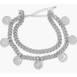 👉 Zilver One Size vrouwen Coin & Chain Anklet 2 Pack, Silver