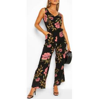👉 Floral Print Split Hem Sleeveless Jumpsuit, Black