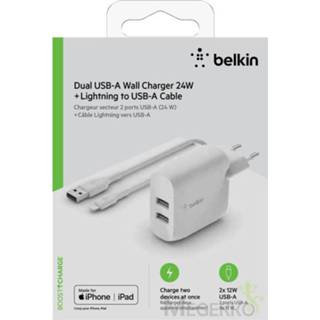 👉 Wit Belkin Dual USB-A Charger. 24W incl. Lightning Cable 1m. white 745883793716