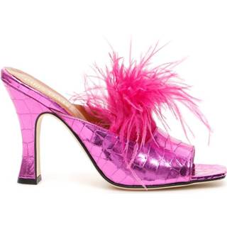 👉 Vrouwen roze Crocodile print mules with feathers