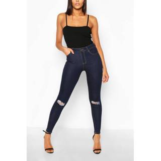 👉 High Waist Frayed Hem Distressed Skinny Jean, Dark Blue