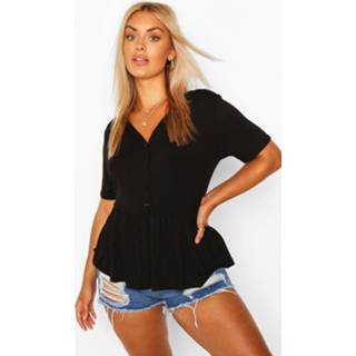 👉 Plus Button Through Short Sleeve Smock Top, Black