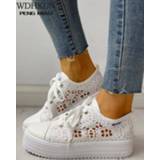 👉 Shoe wit canvas vrouwen Women Shoes 2020 Fashion Summer Casual White Cutouts Lace Hollow Breathable Platform Flat Woman Sneakers