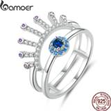 👉 Blauw zilver vrouwen Bamoer 925 Silver Jewelry Double Layers Blue Eye with Eyelash Finger Rings for Women Fashion Cocktail Party Bague BSR102