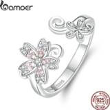 👉 Roze zilver vrouwen Bamoer Sterling Silver 925 Pink Sakura Cherry Flower Open Adjustable Finger Rings for Women Romantic Wedding Jewelry BSR086