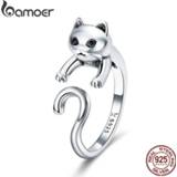 👉 Zilver vrouwen BAMOER Genuine 925 Sterling Silver Long Tail Naughty Cat Finger Rings for Women Adjustable Size Jewelry SCR409