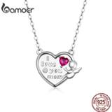 👉 Zilver vrouwen Bamoer Mother Love 925 Sterling Silver Angel with Heart Shape Chain Necklace for Women Mother's Day Gift Bijoux 2020 BSN171