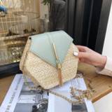 👉 Handtas vrouwen Hexagon Mulit Style Straw+leather Handbag Women Summer Rattan Bag Handmade Woven Beach Circle Bohemia Shoulder New Fashion