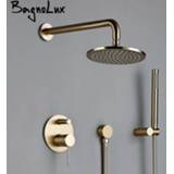 👉 Wallmount brass goud Solid Brushed Gold Bath Bathroom Shower Head Rianfall Luxury Combo Faucet Wall-Mount Arm Hot And Cold Mixer Diverter Set