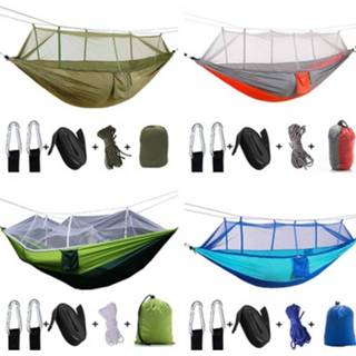 👉 Parachute donkergroen nylon Outdoor Cloth Hanging Hammock With Mosquito Net Ultra Light Aarmy Green Camping Aerial Tent 260x140cm