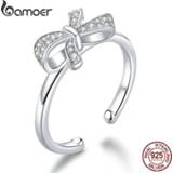 👉 Zilver vrouwen Bamoer Genuine 925 Sterling Silver Rowknot Free Size Open Adjustable Finger Rings for Women Statement Wedding Jewelry SCR646