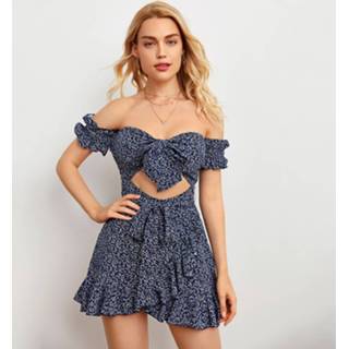 👉 Jurk blauw polyester xs s m Donker Boho Planten Uitgeknipt