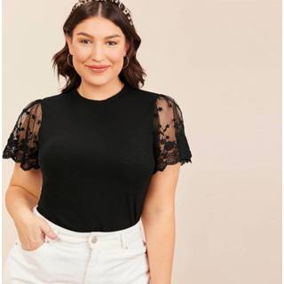 👉 Shirt zwart polyester Elegant Vlak Grote maat t-shirt Borduurwerk