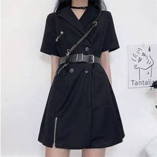 👉 Dress Short-Sleeve Double-Breasted Mini A-Line / Belt