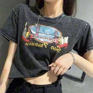👉 Print T-shirt zwart Short-Sleeve Cropped Graphic