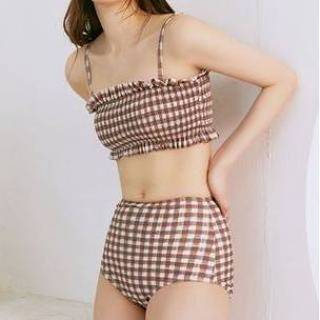 👉 Bikini Set: Plaid Frill Trim Top + High-Waist Bottoms
