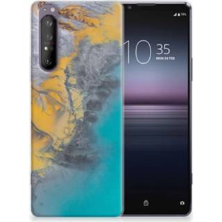 👉 Siliconen hoesje blauw goud Sony Xperia 1 II TPU Marble Blue Gold 8720215180398