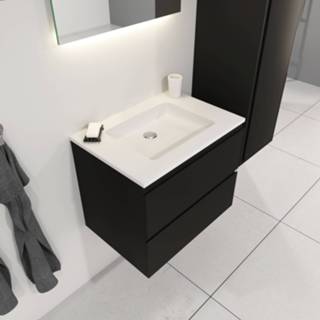 👉 Wastafel zwart mat MDF modern hangend sally standaard SaniGoods badkamermeubel 60cm met Solid Surface rechthoek zonder kraangat 6013921561578
