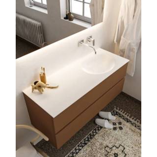 👉 Badmeubel bruin MDF hangend vica wit mat Mondiaz 120cm rust 2 lades wastafel Moon rechts zonder kraangat 6013917886821