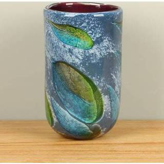 👉 Vaas glas jeanskleur met bladeren, 27 cm.
