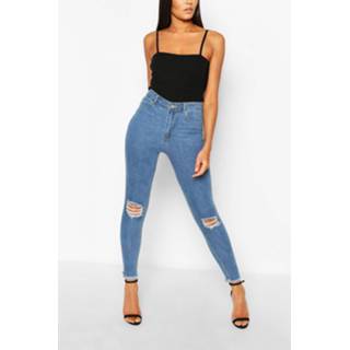 👉 High Waist Frayed Hem Distressed Skinny Jean, Mid Blue