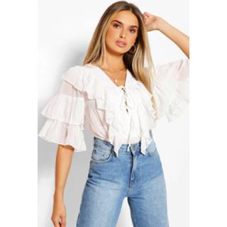 👉 Woven Ruffle Lace Up Blouse, Ivory