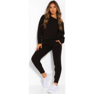 👉 Petite Knitted Slash Neck Long Sleeve Co-Ord, Black
