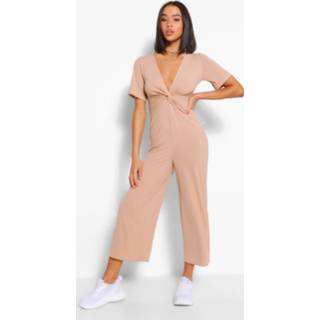 👉 Ribbed Twist Front Volume Sleeve Culotte Jumpsuit, Stone