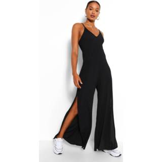 👉 Ribbed Strappy Oversized Split Leg Jumpsuit, Black